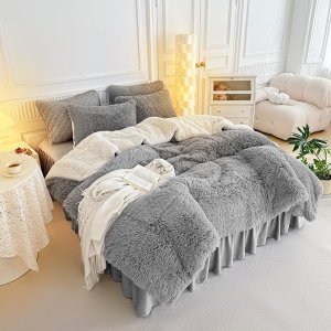 Gray Faux Fur Comforter Set Full/Queen 3 Pieces - 1 Shaggy Comforter 90x90 and 2 Fur Pillowcases, Ultra Soft and Easy Care Sherpa Luxury Plush Super Warm Winter Shaggy Bedding Set